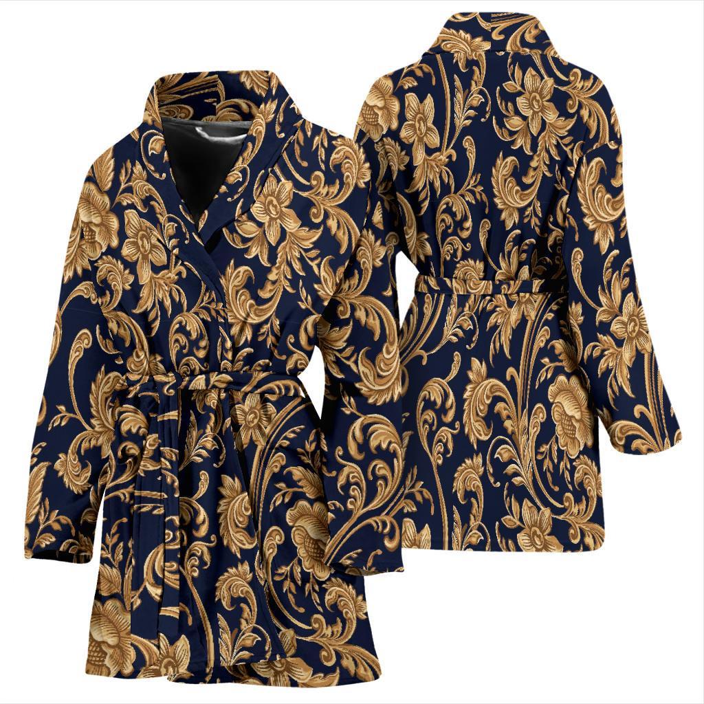 Damask Gold Pattern Print Women Long Robe-grizzshop