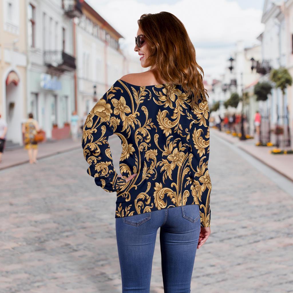 Damask Gold Pattern Print Women Off Shoulder Sweatshirt-grizzshop