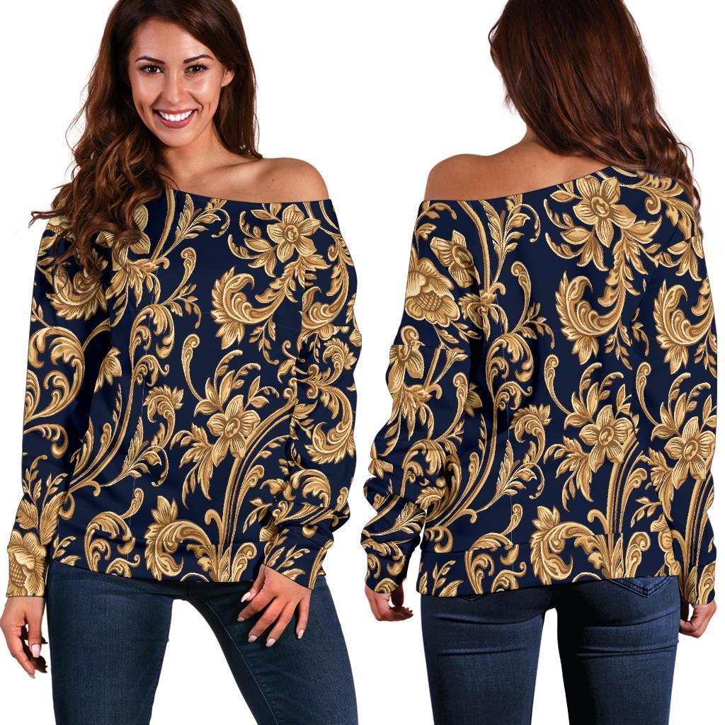 Damask Gold Pattern Print Women Off Shoulder Sweatshirt-grizzshop