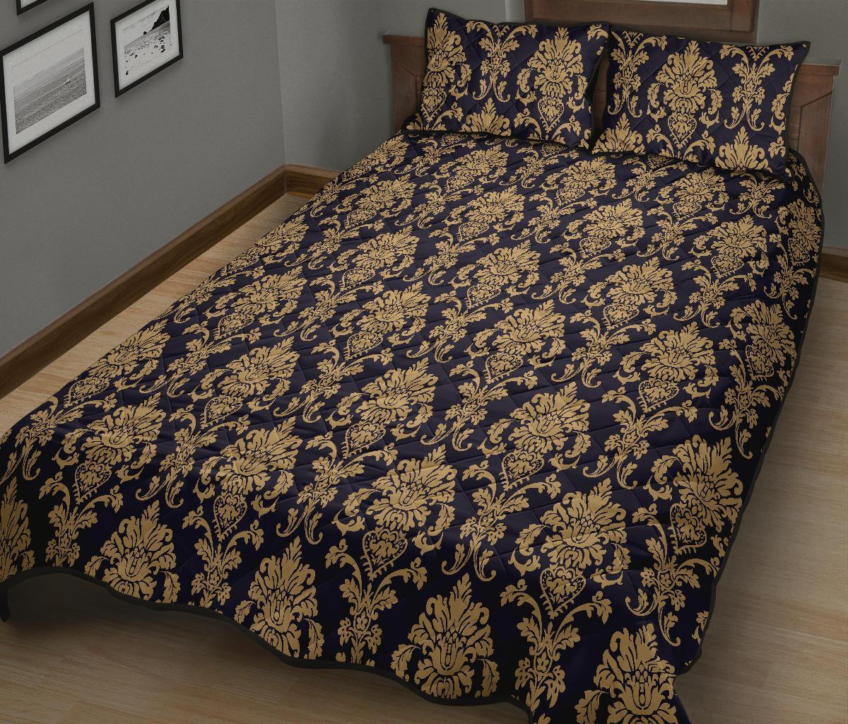 Damask Gold Print Pattern Bed Set Quilt-grizzshop