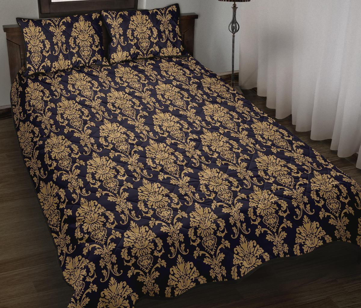 Damask Gold Print Pattern Bed Set Quilt-grizzshop