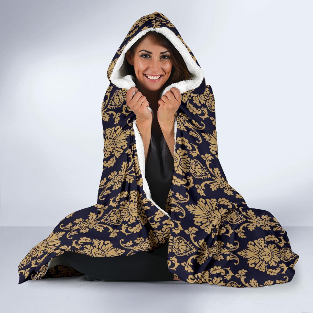 Damask Gold Print Pattern Hooded Blanket-grizzshop