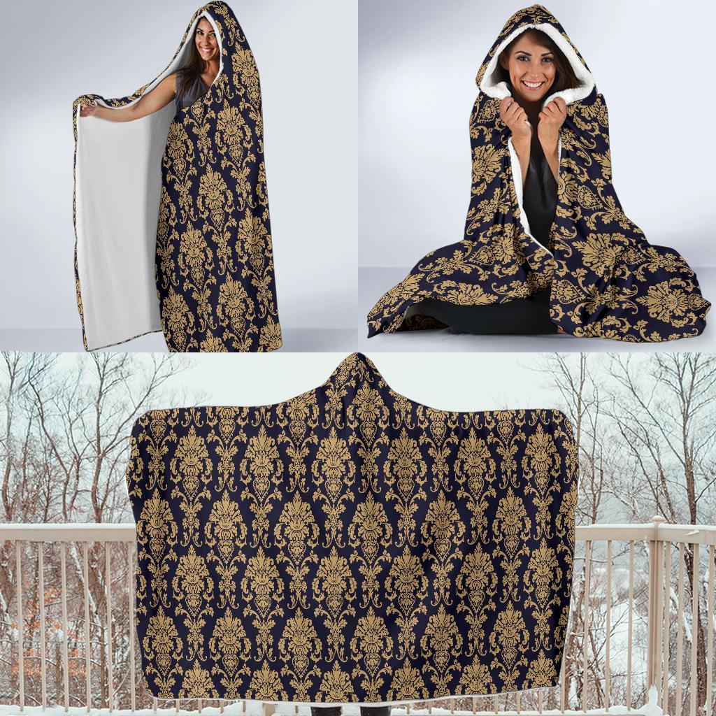 Damask Gold Print Pattern Hooded Blanket-grizzshop