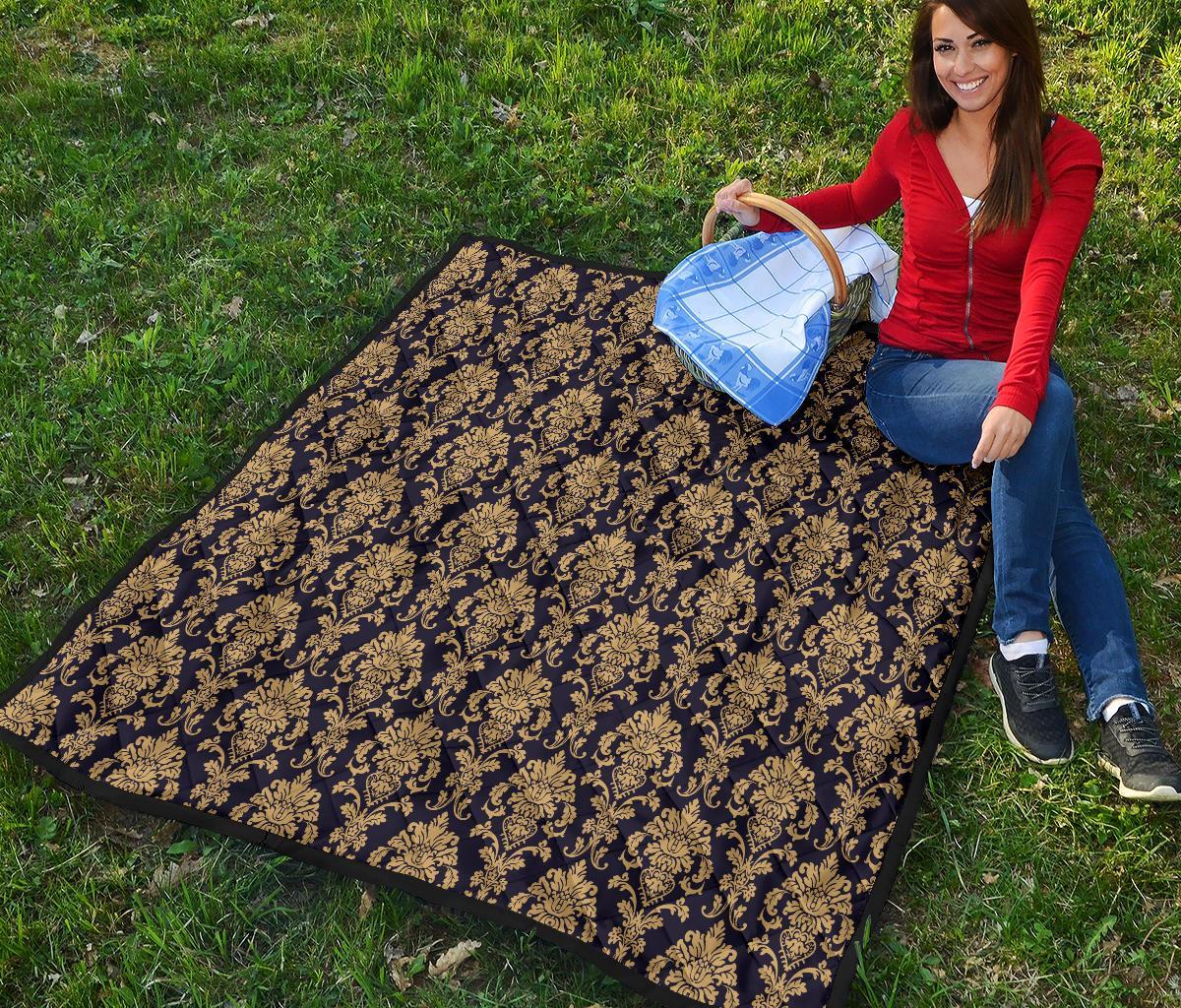 Damask Gold Print Pattern Quilt-grizzshop