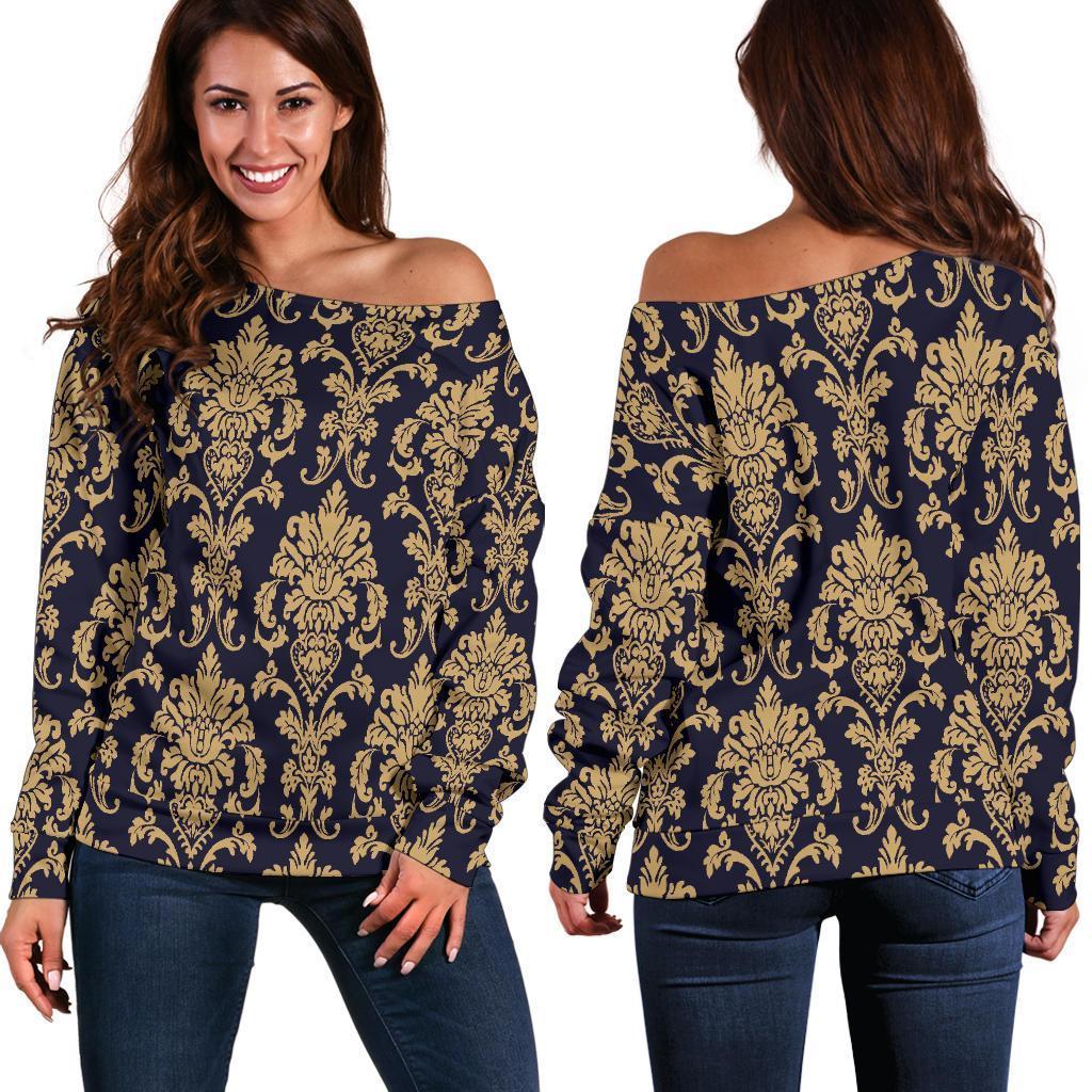 Damask Gold Print Pattern Women Off Shoulder Sweatshirt-grizzshop