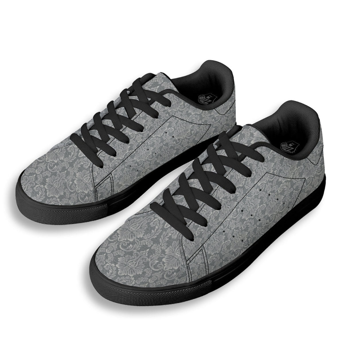 Damask Grey Print Pattern Black Low Top Sneakers-grizzshop