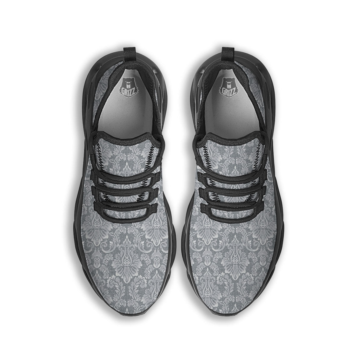 Damask Grey Print Pattern Black Running Shoes-grizzshop