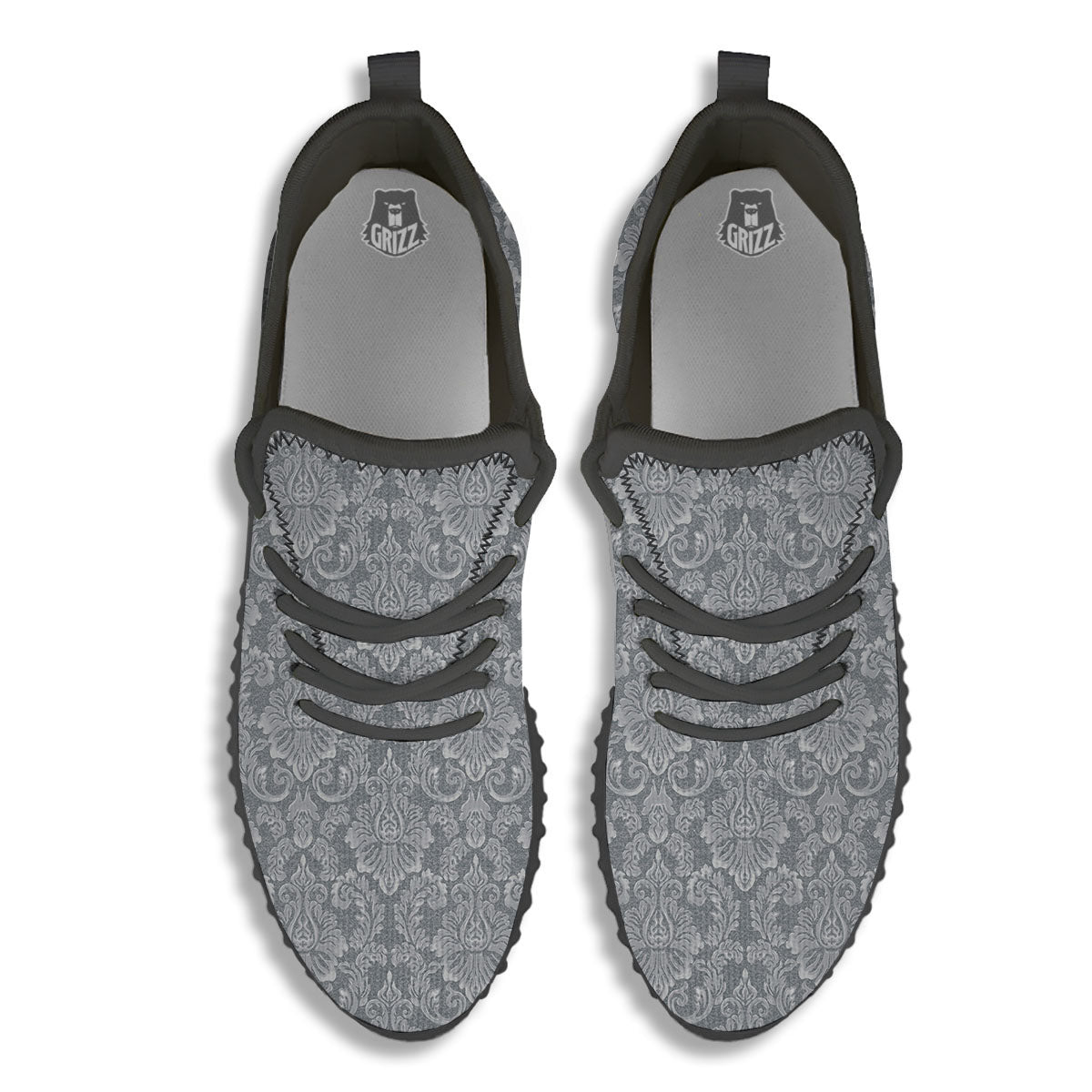 Damask Grey Print Pattern Black Walking Shoes-grizzshop
