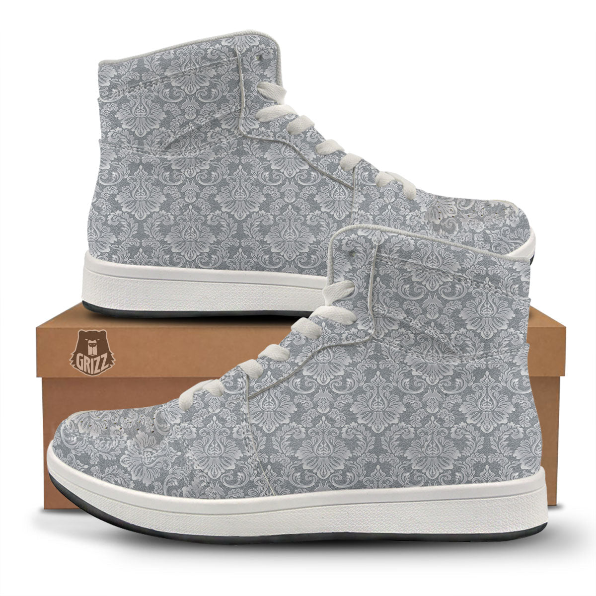Damask Grey Print Pattern High Top Sneakers-grizzshop
