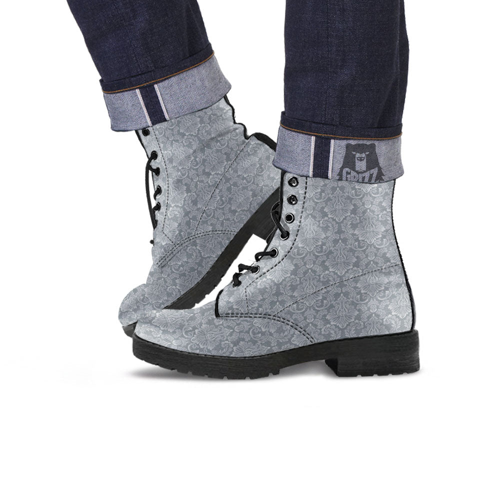 Damask Grey Print Pattern Leather Boots-grizzshop