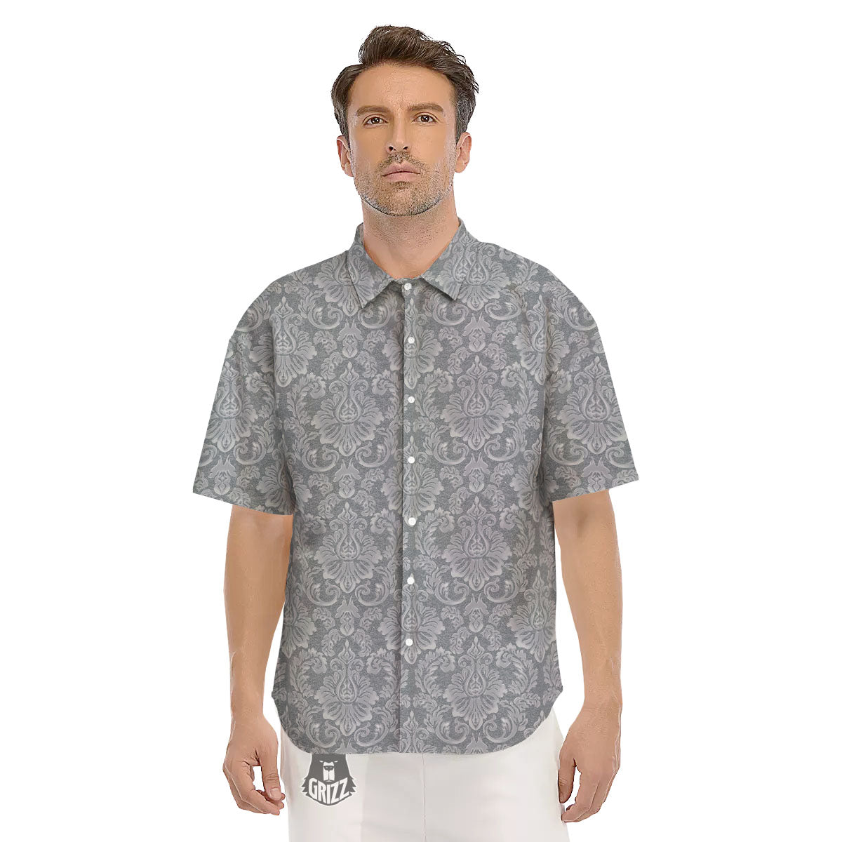 Damask Grey Print Pattern Men's Short Sleeve Shirts-grizzshop