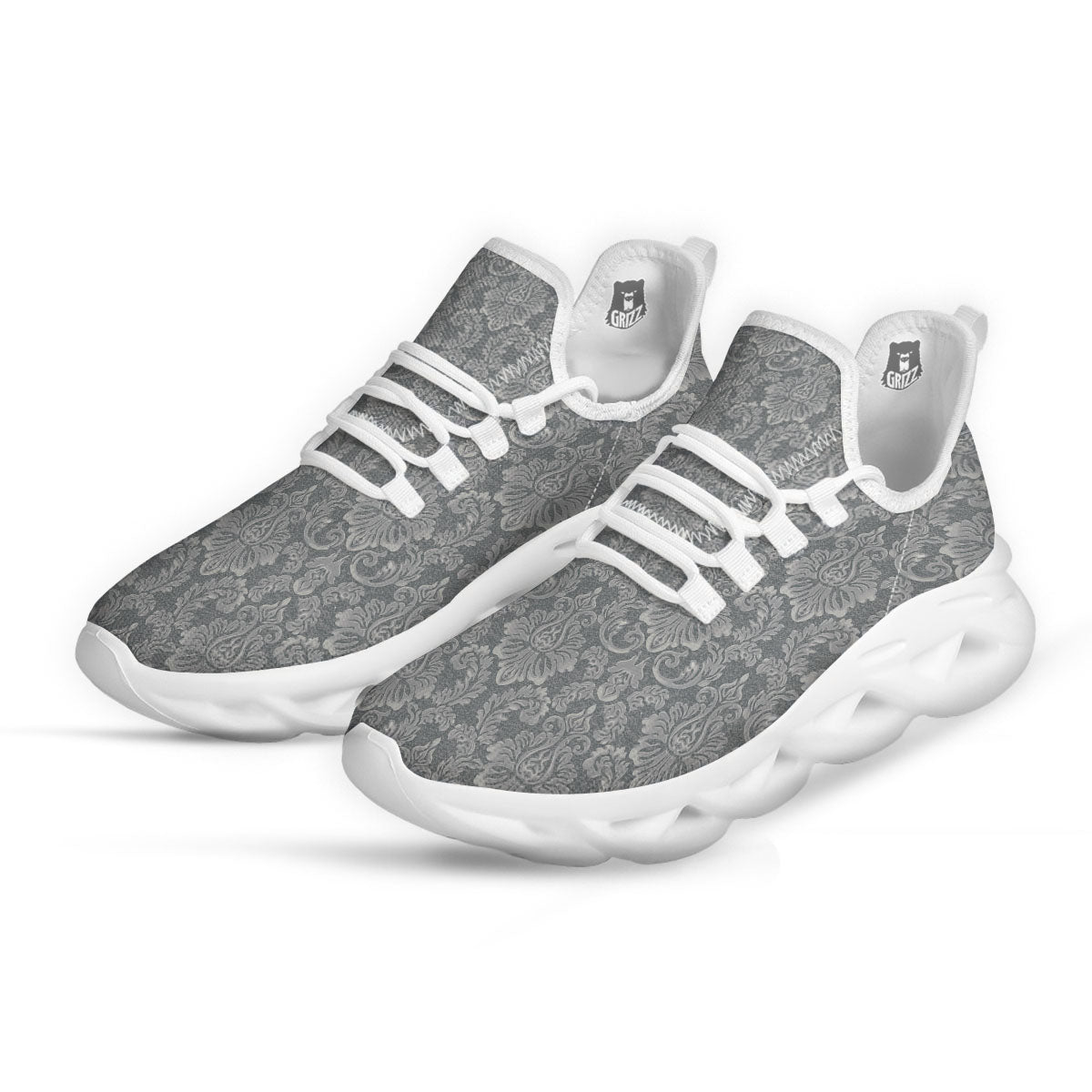 Damask Grey Print Pattern White Running Shoes-grizzshop