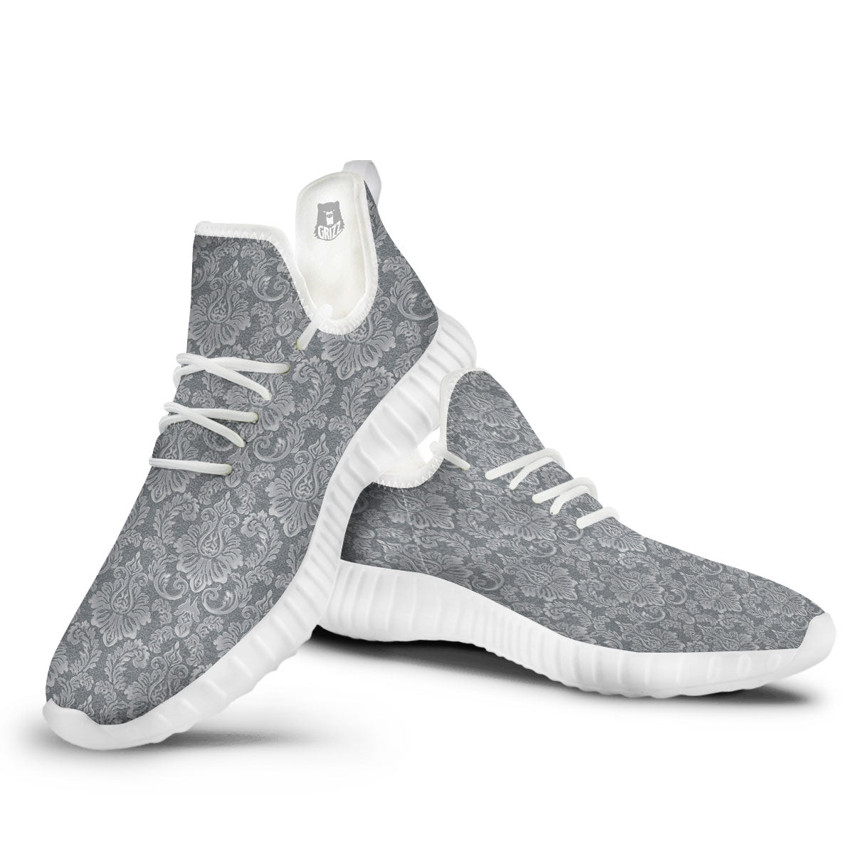 Damask Grey Print Pattern White Walking Shoes-grizzshop