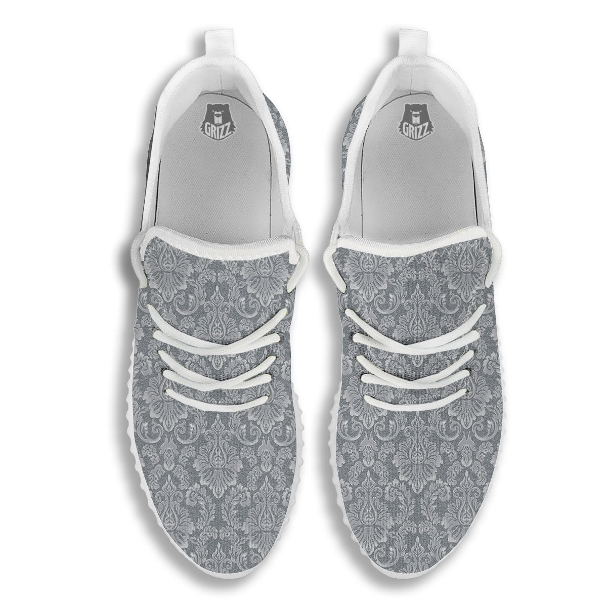 Damask Grey Print Pattern White Walking Shoes-grizzshop