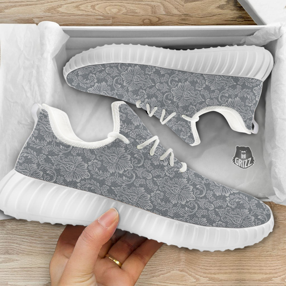 Damask Grey Print Pattern White Walking Shoes-grizzshop
