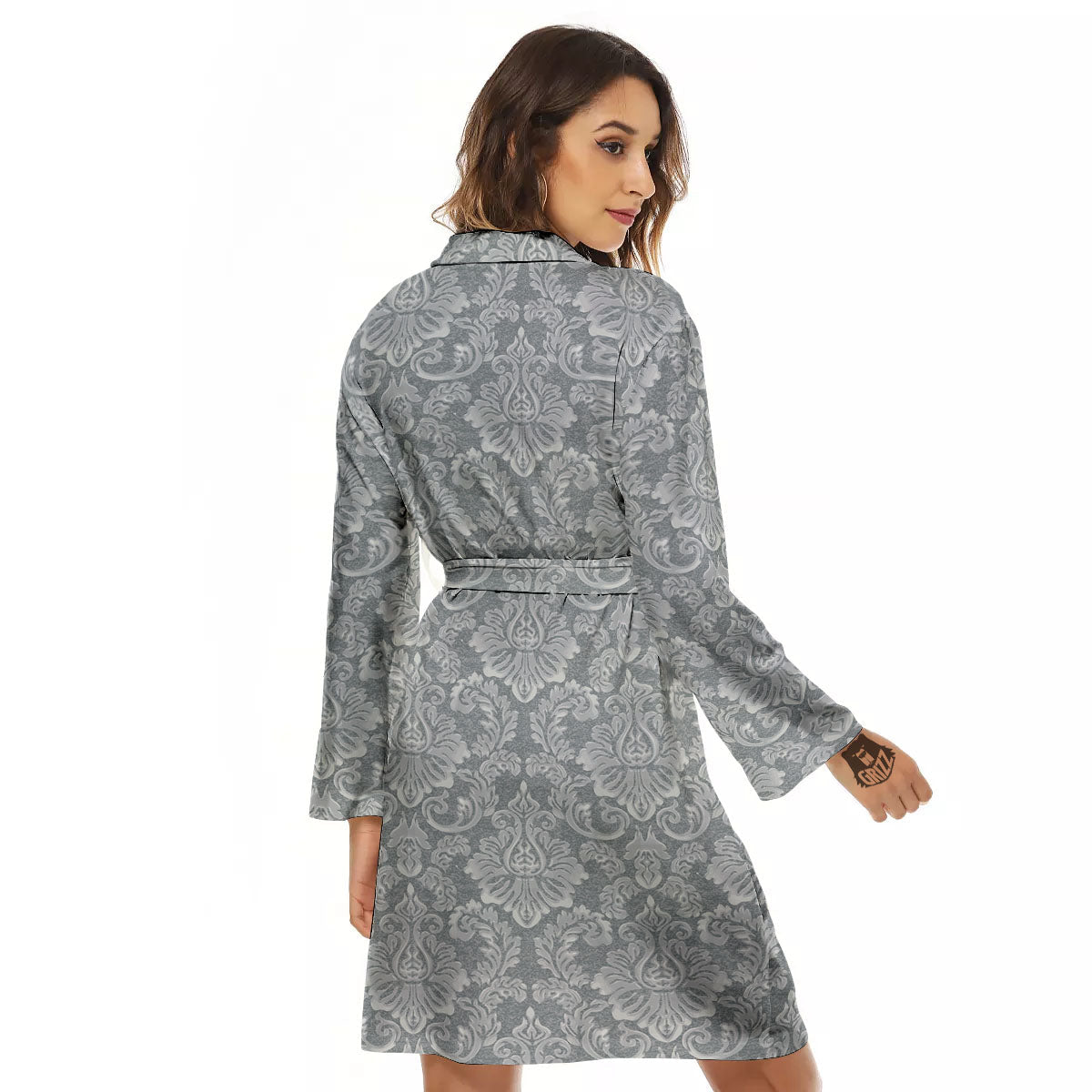 Damask Grey Print Pattern Women's Robe-grizzshop