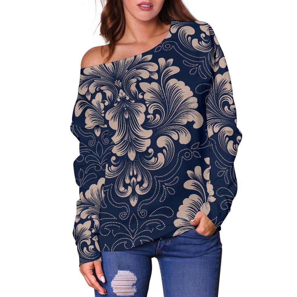 Damask Pattern Print Women Off Shoulder Sweatshirt-grizzshop