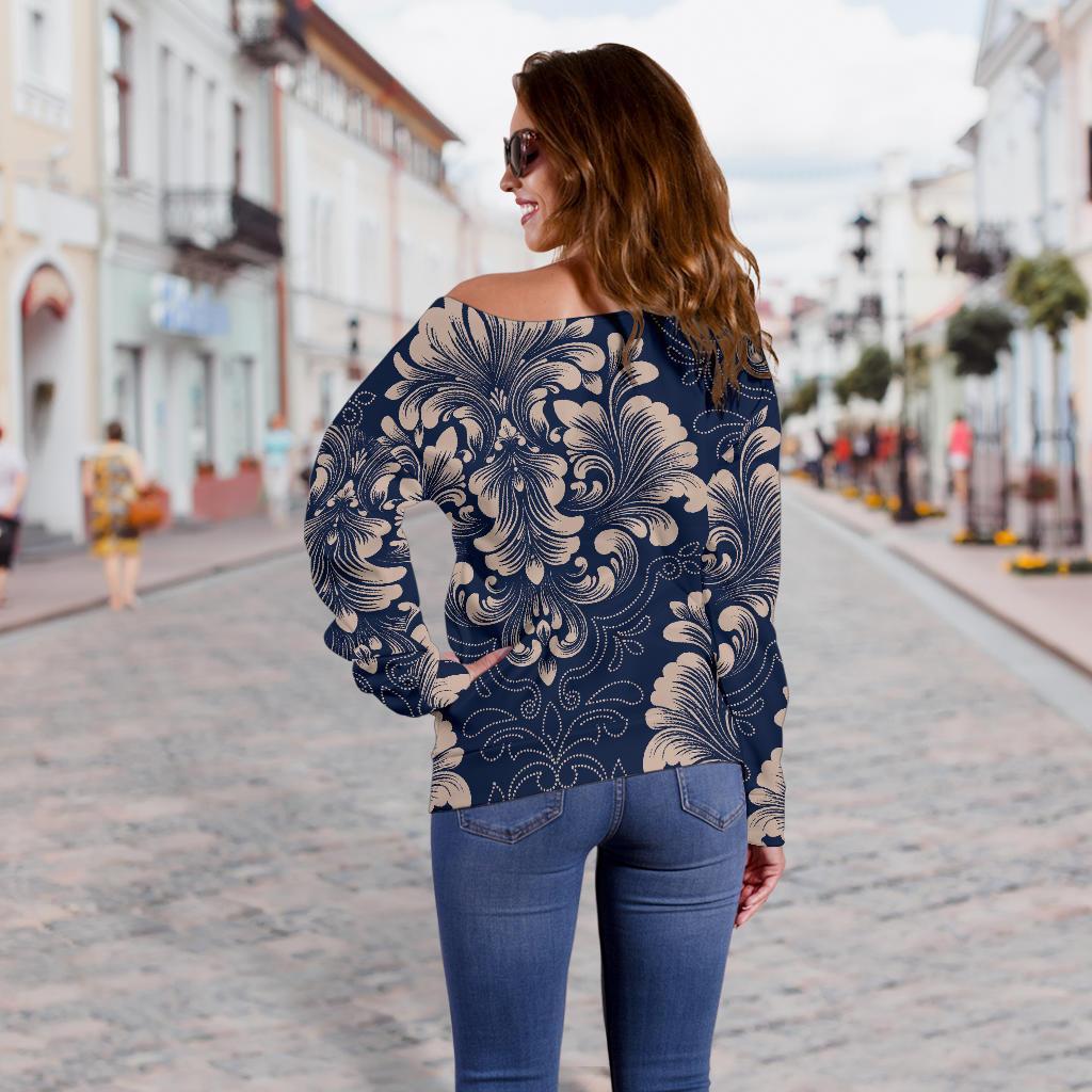 Damask Pattern Print Women Off Shoulder Sweatshirt-grizzshop