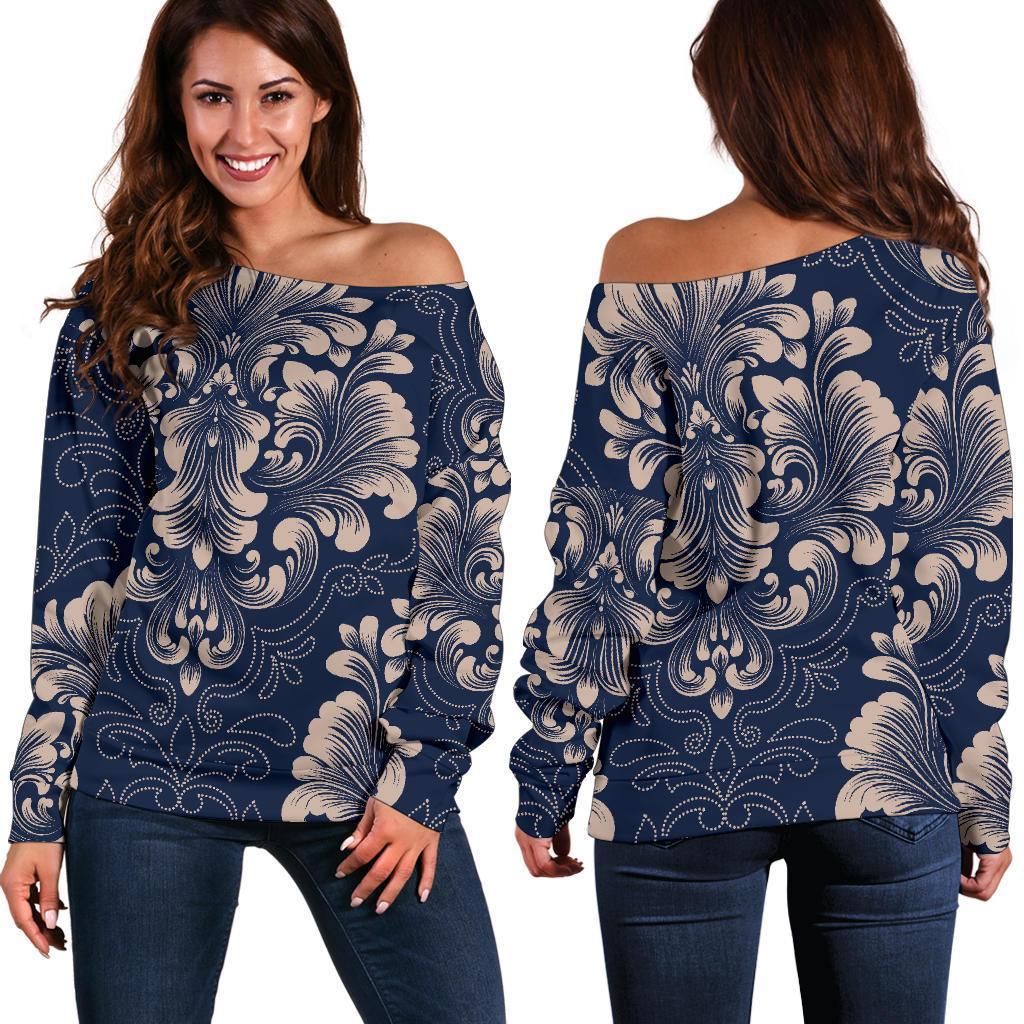 Damask Pattern Print Women Off Shoulder Sweatshirt-grizzshop