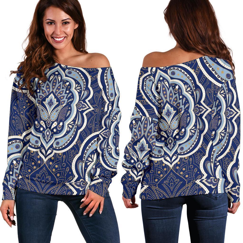 Damask Print Pattern Women Off Shoulder Sweatshirt-grizzshop