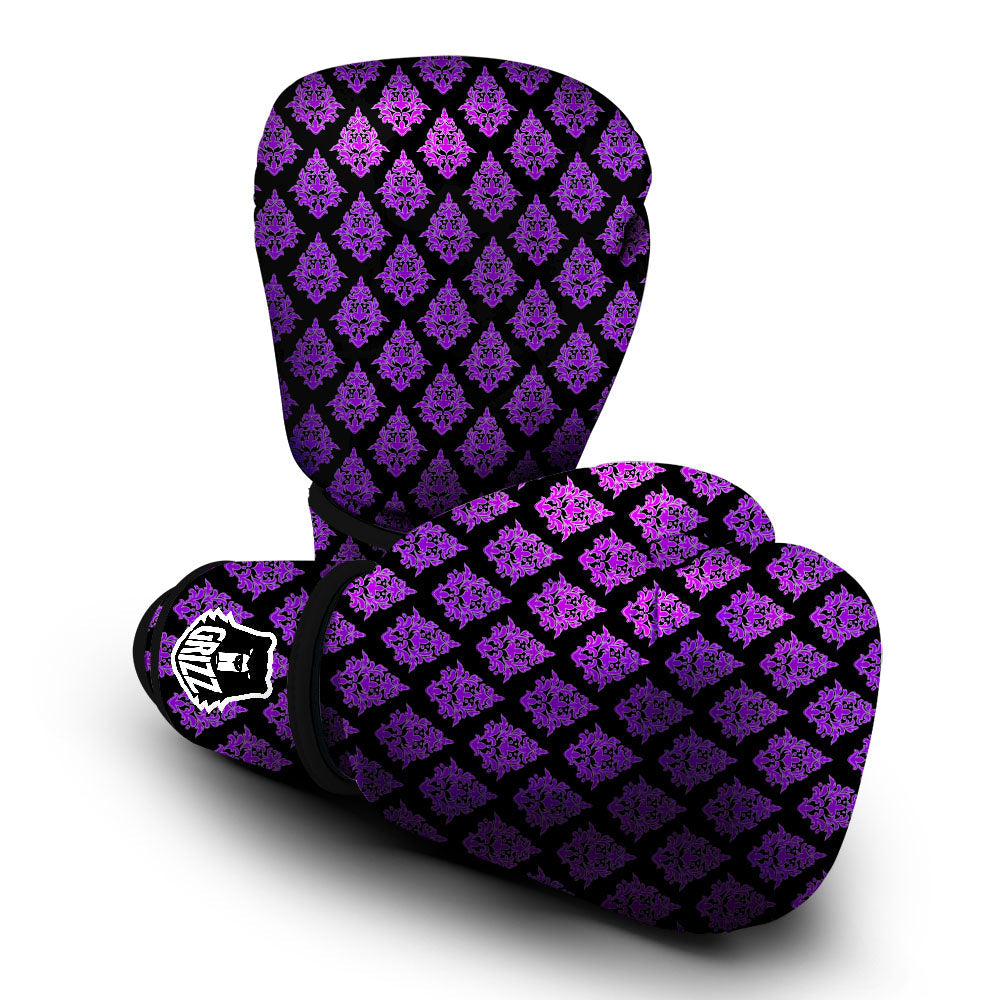 Damask Purple And Black Print Pattern Boxing Gloves-grizzshop