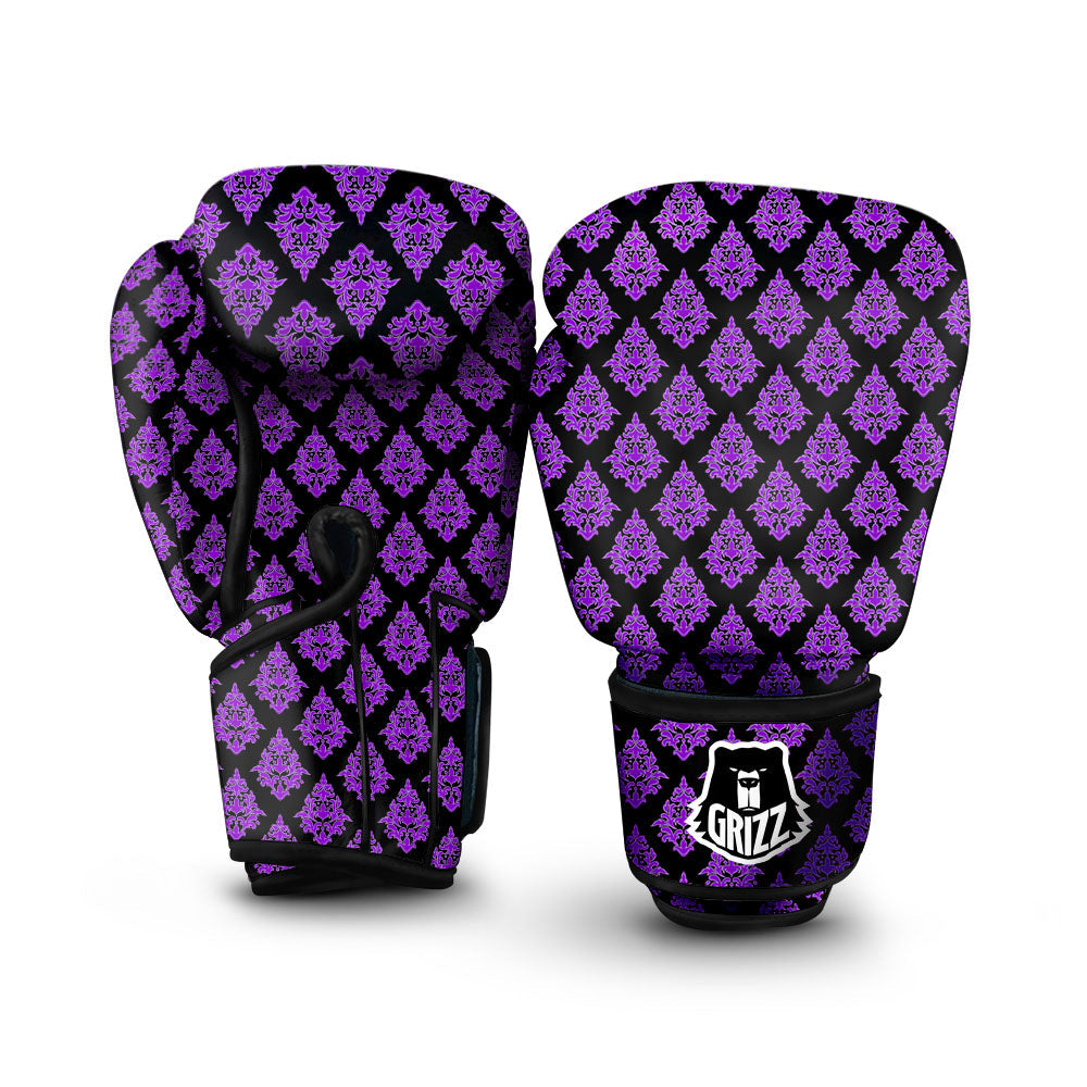 Damask Purple And Black Print Pattern Boxing Gloves-grizzshop