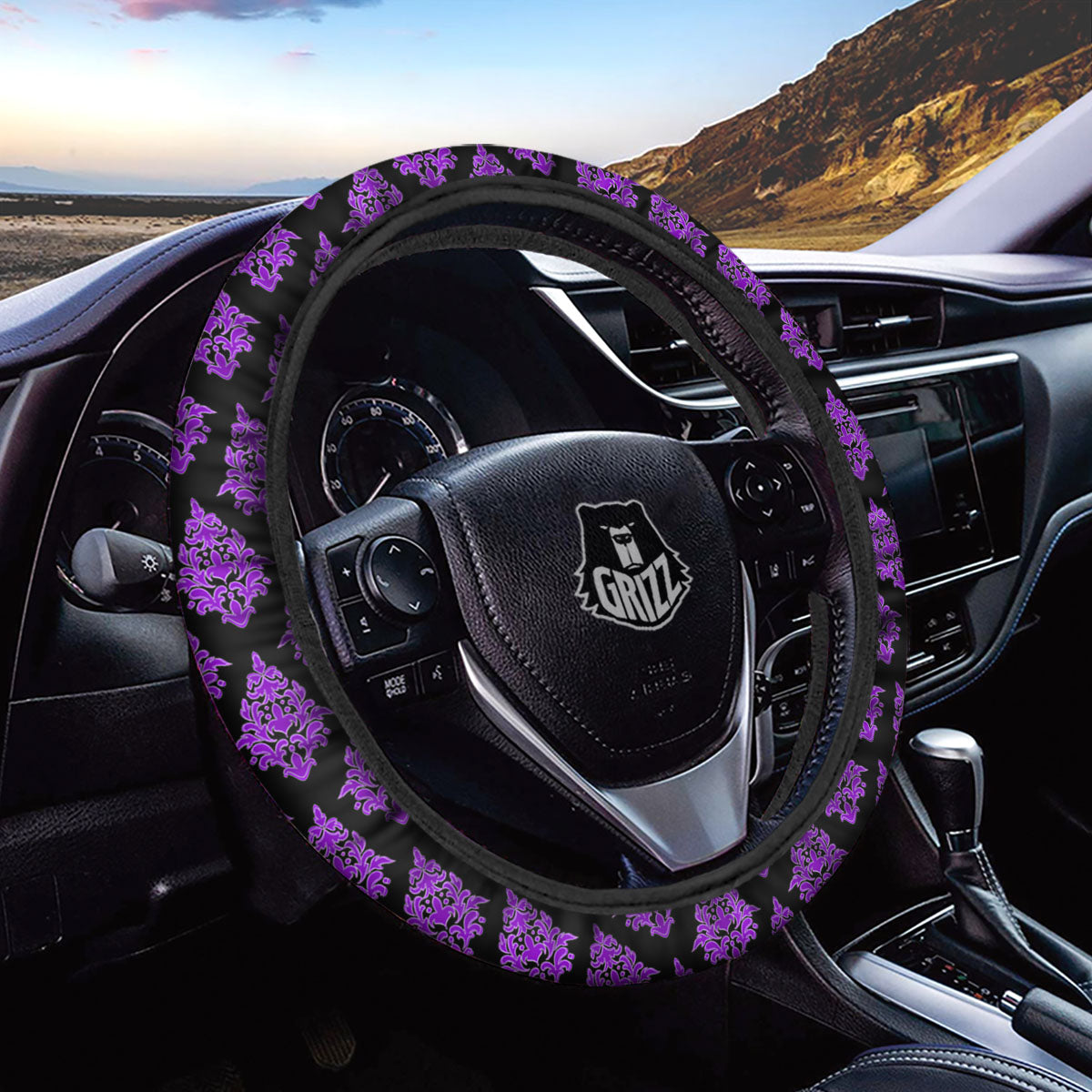 Damask Purple And Black Print Pattern Car Steering Wheel Cover-grizzshop