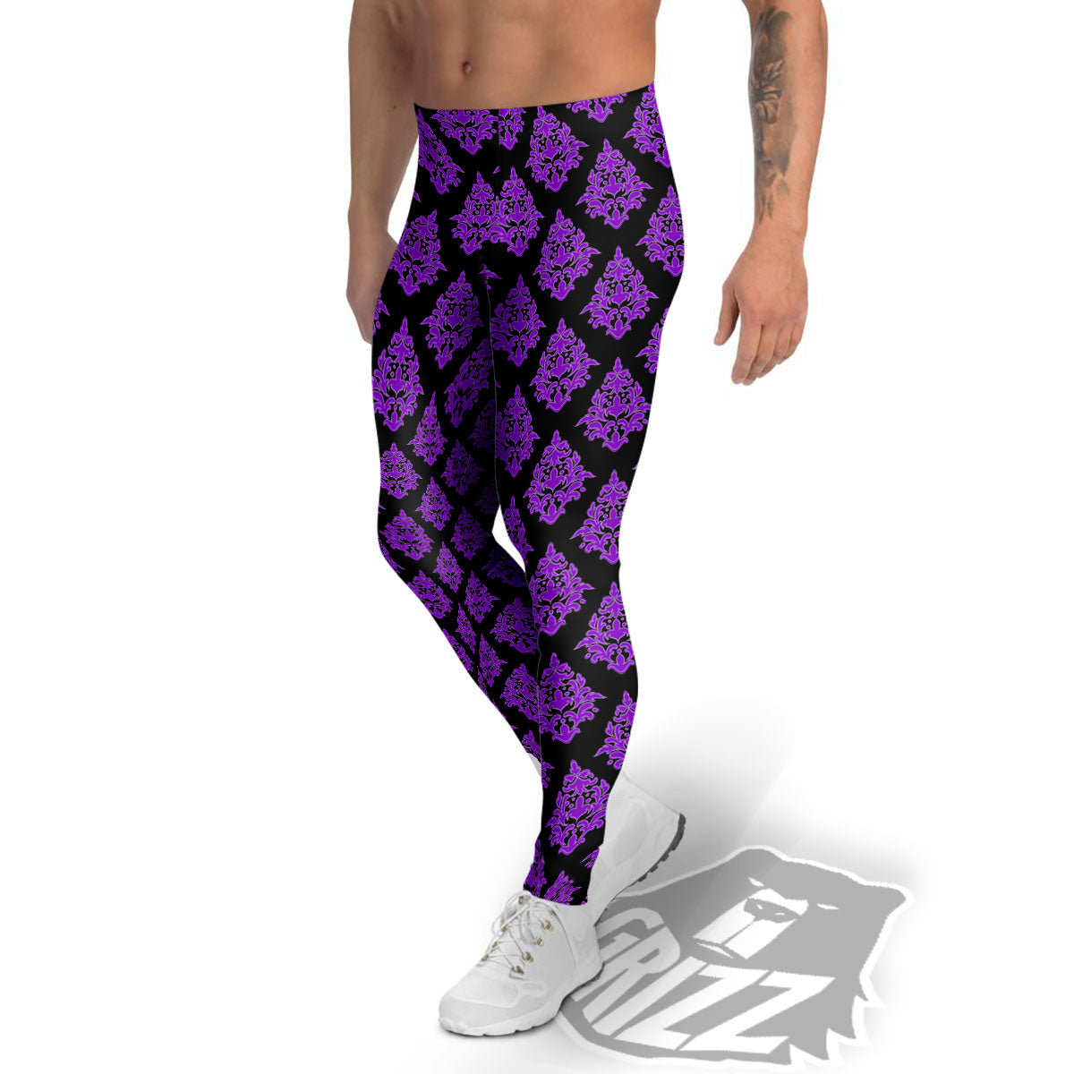 Damask Purple And Black Print Pattern Men's Leggings-grizzshop