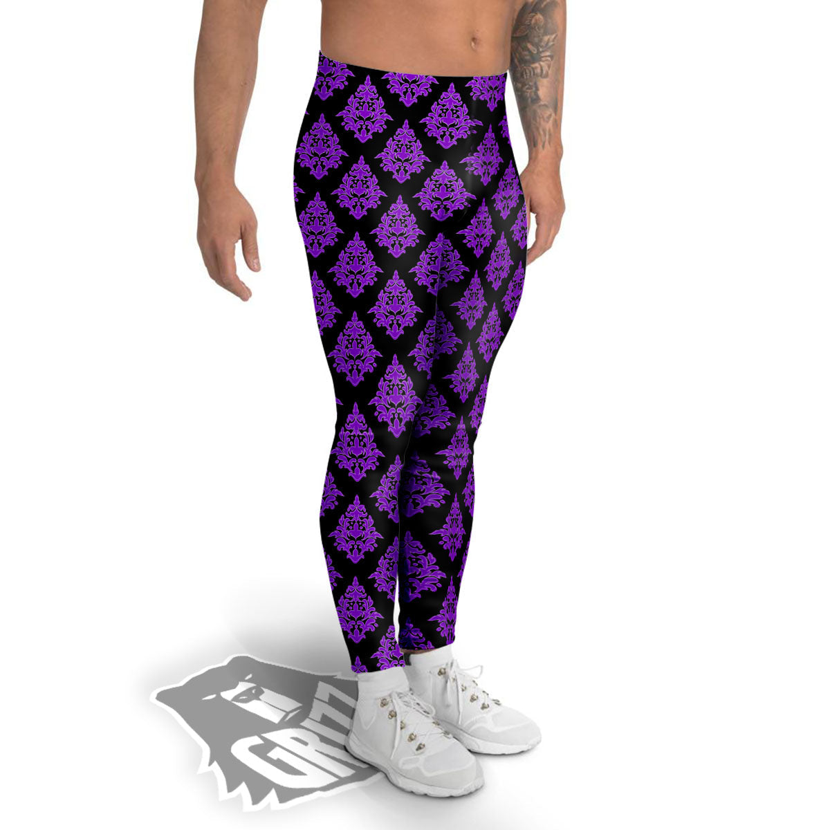 Damask Purple And Black Print Pattern Men's Leggings-grizzshop