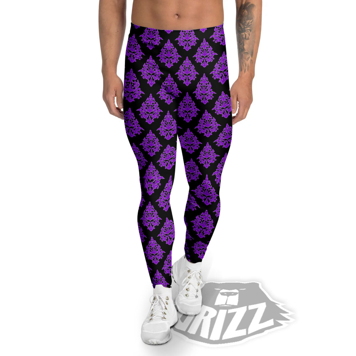 Damask Purple And Black Print Pattern Men's Leggings-grizzshop