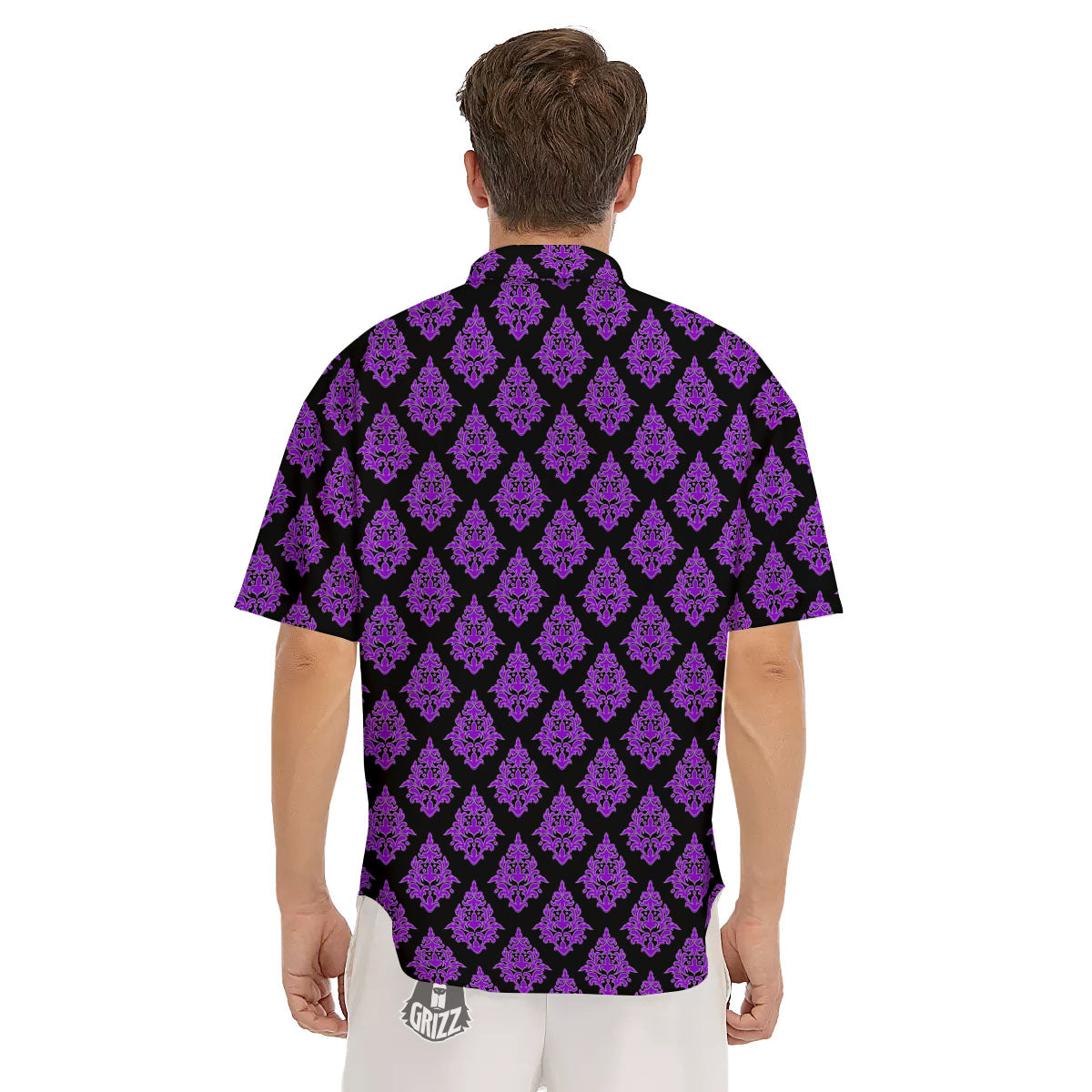 Damask Purple And Black Print Pattern Men's Short Sleeve Shirts-grizzshop