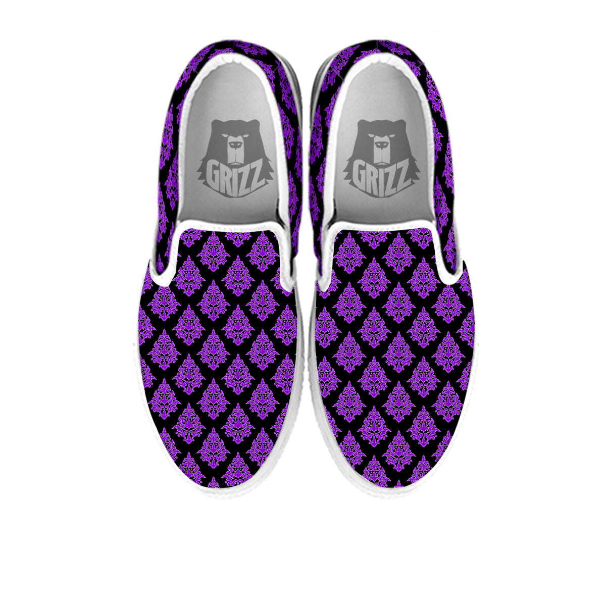 Damask Purple And Black Print Pattern White Slip On Shoes-grizzshop