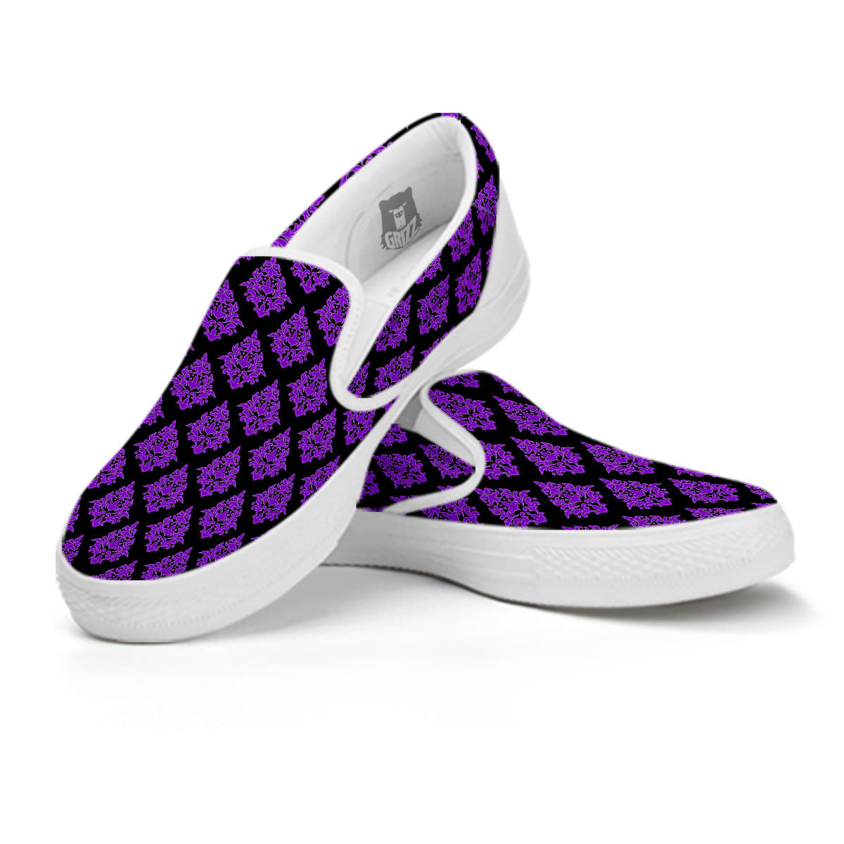 Damask Purple And Black Print Pattern White Slip On Shoes-grizzshop