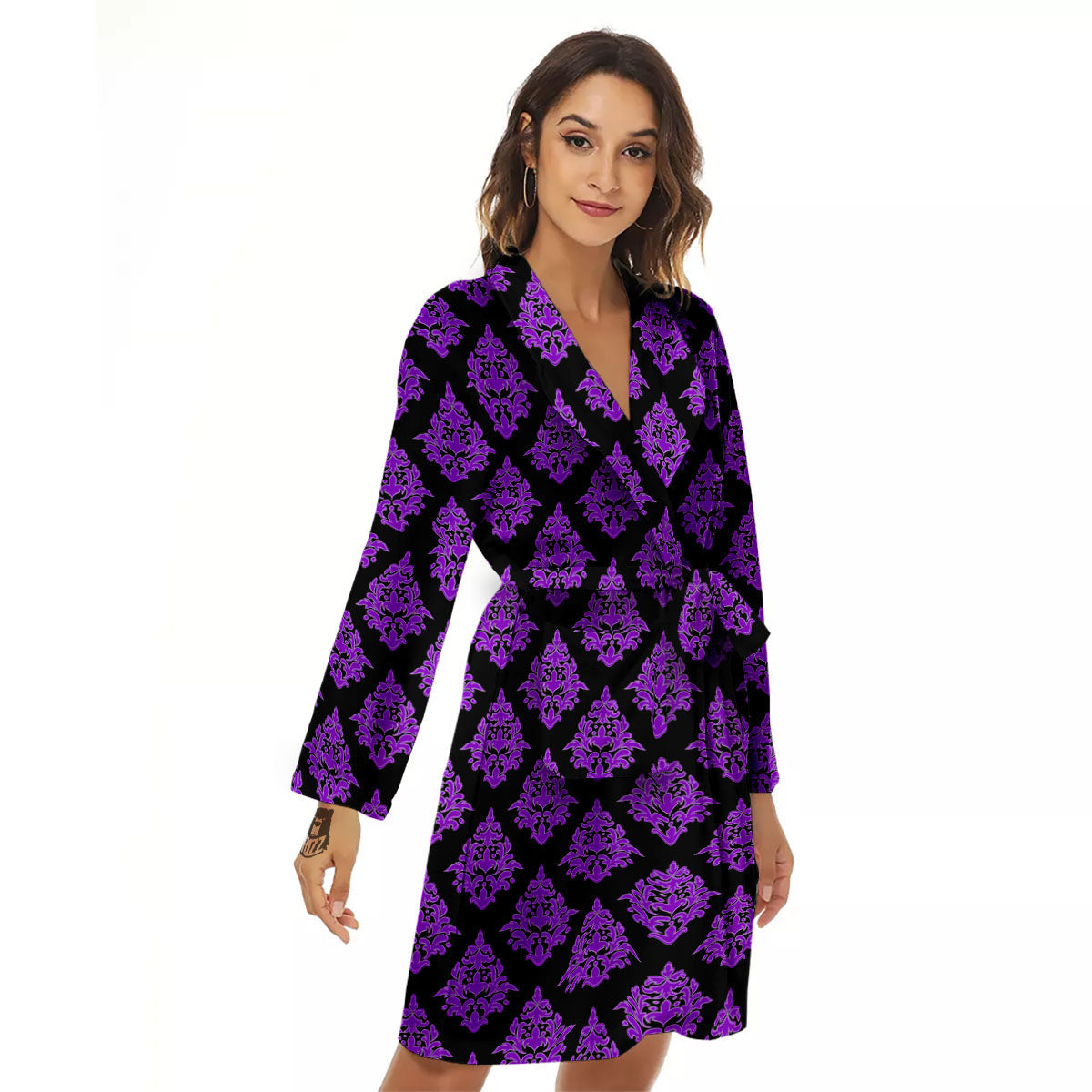 Damask Purple And Black Print Pattern Women's Robe-grizzshop