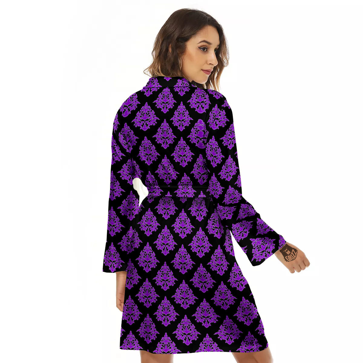 Damask Purple And Black Print Pattern Women's Robe-grizzshop