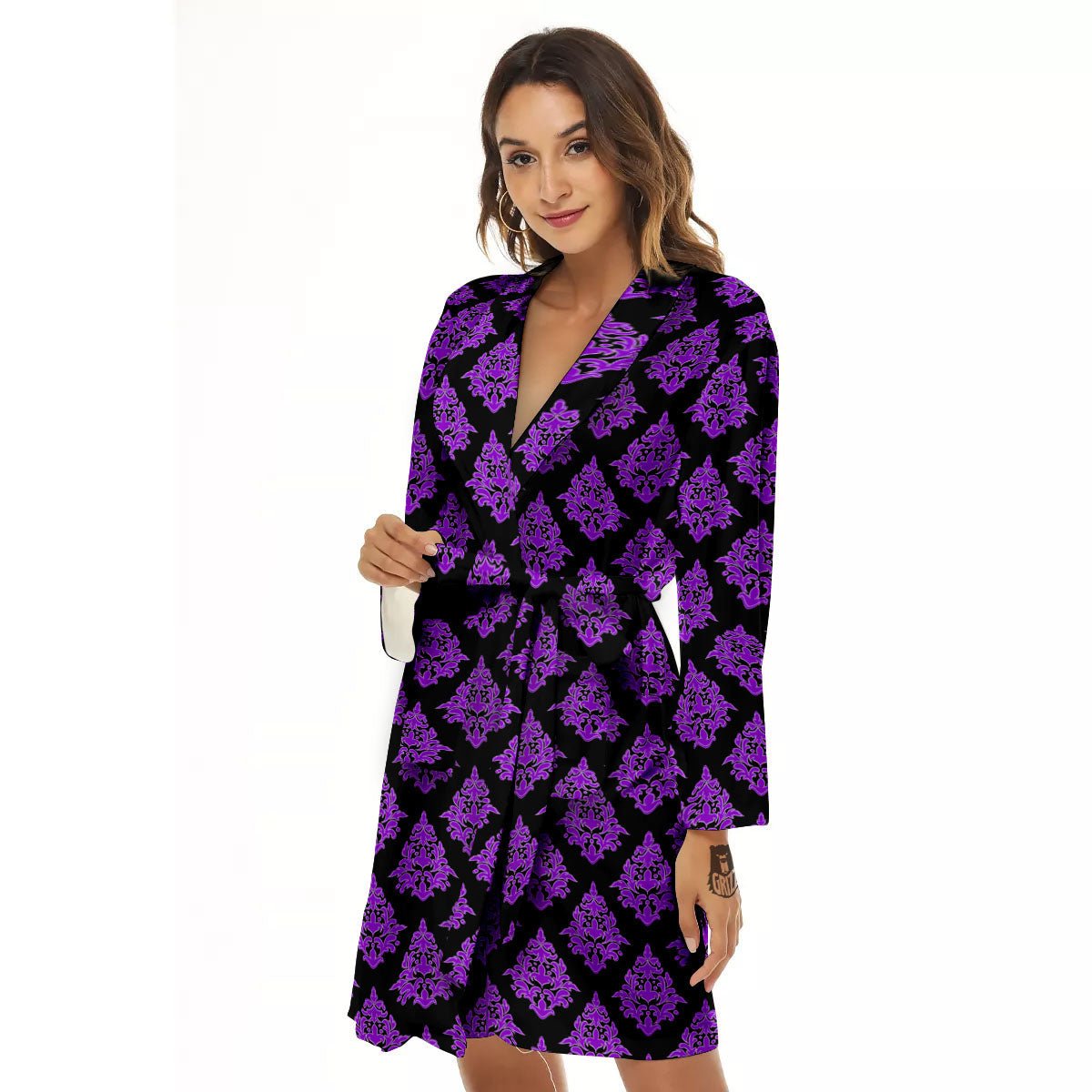 Damask Purple And Black Print Pattern Women's Robe-grizzshop
