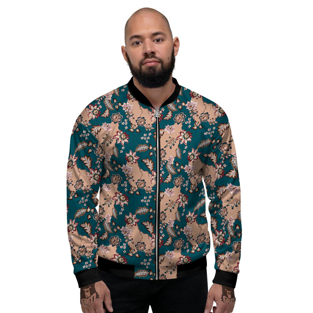 Damask Teal And Blue Print Pattern Men's Bomber Jacket-grizzshop