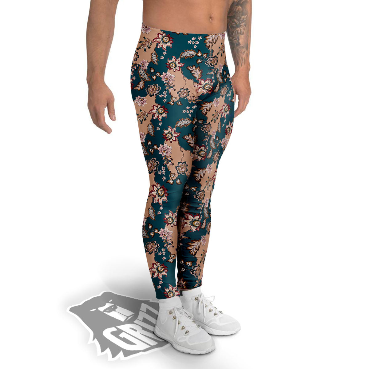 Damask Teal And Blue Print Pattern Men's Leggings-grizzshop