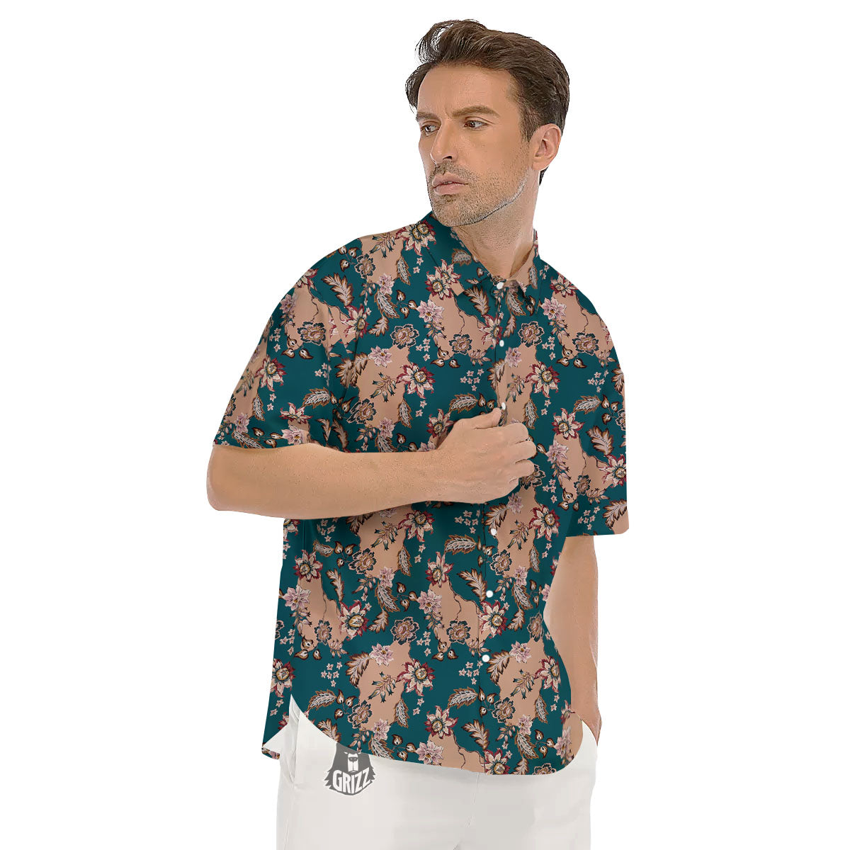 Damask Teal And Blue Print Pattern Men's Short Sleeve Shirts-grizzshop