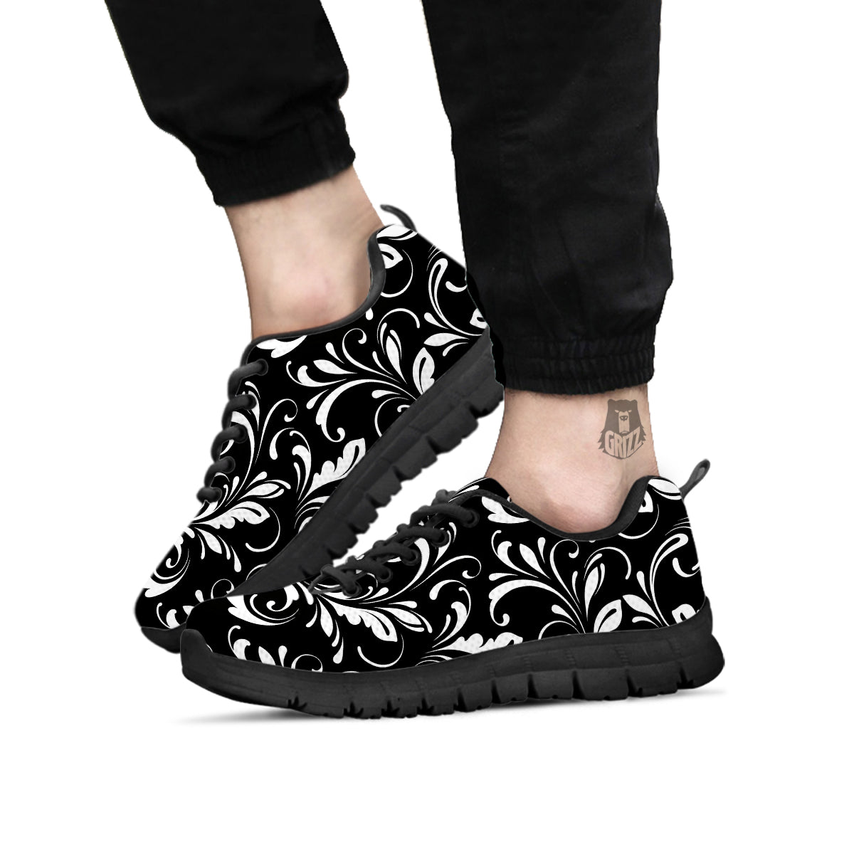 Damask White And Black Print Pattern Black Sneaker-grizzshop