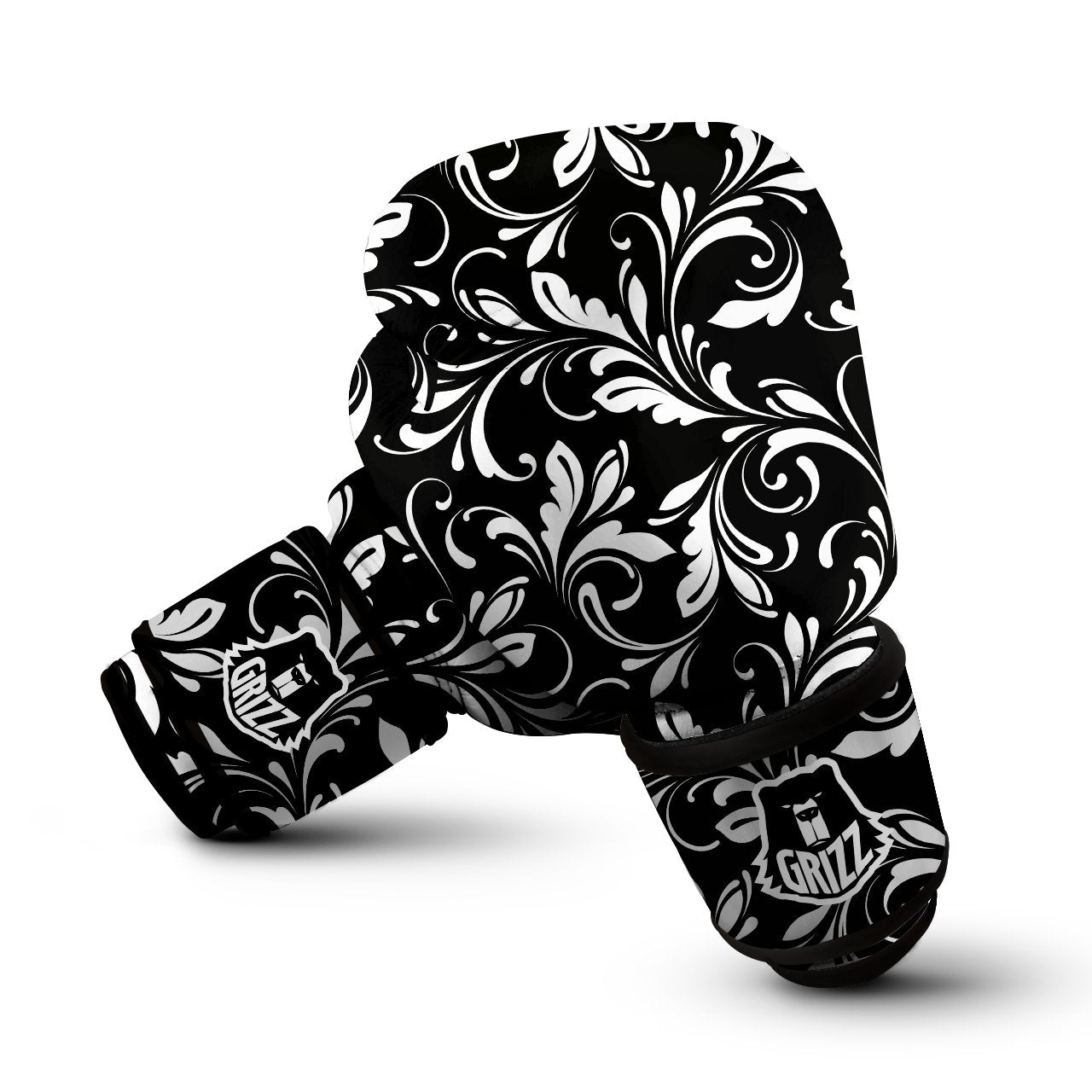 Damask White And Black Print Pattern Boxing Gloves-grizzshop