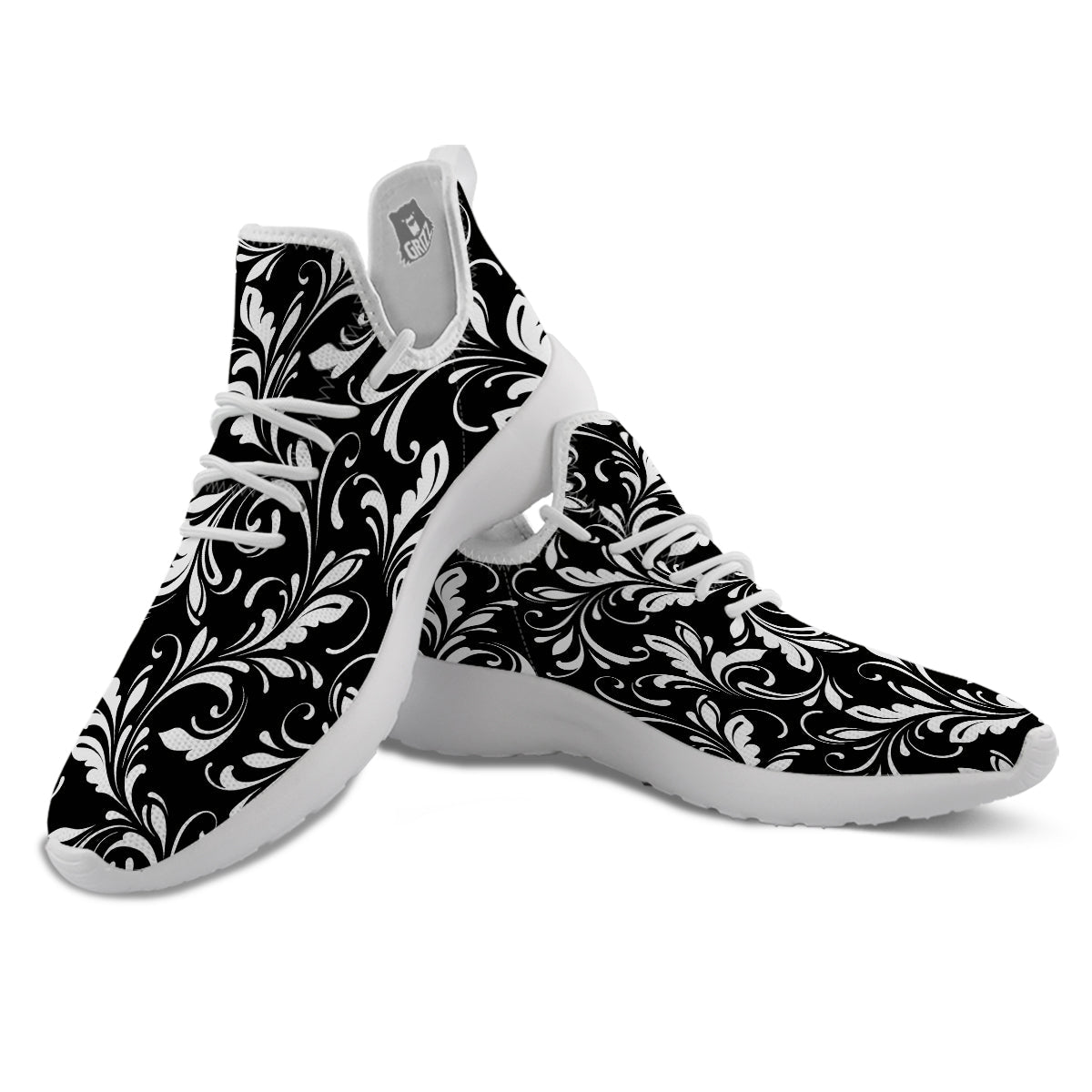 Damask White And Black Print Pattern White Athletic Shoes-grizzshop