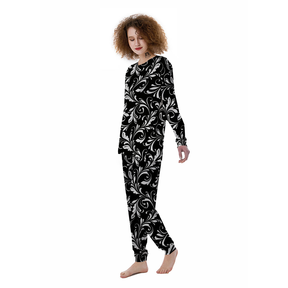 Damask White And Black Print Pattern Women's Pajamas-grizzshop