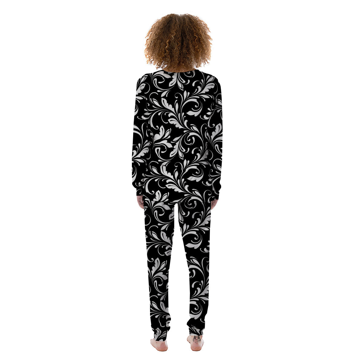 Damask White And Black Print Pattern Women's Pajamas-grizzshop