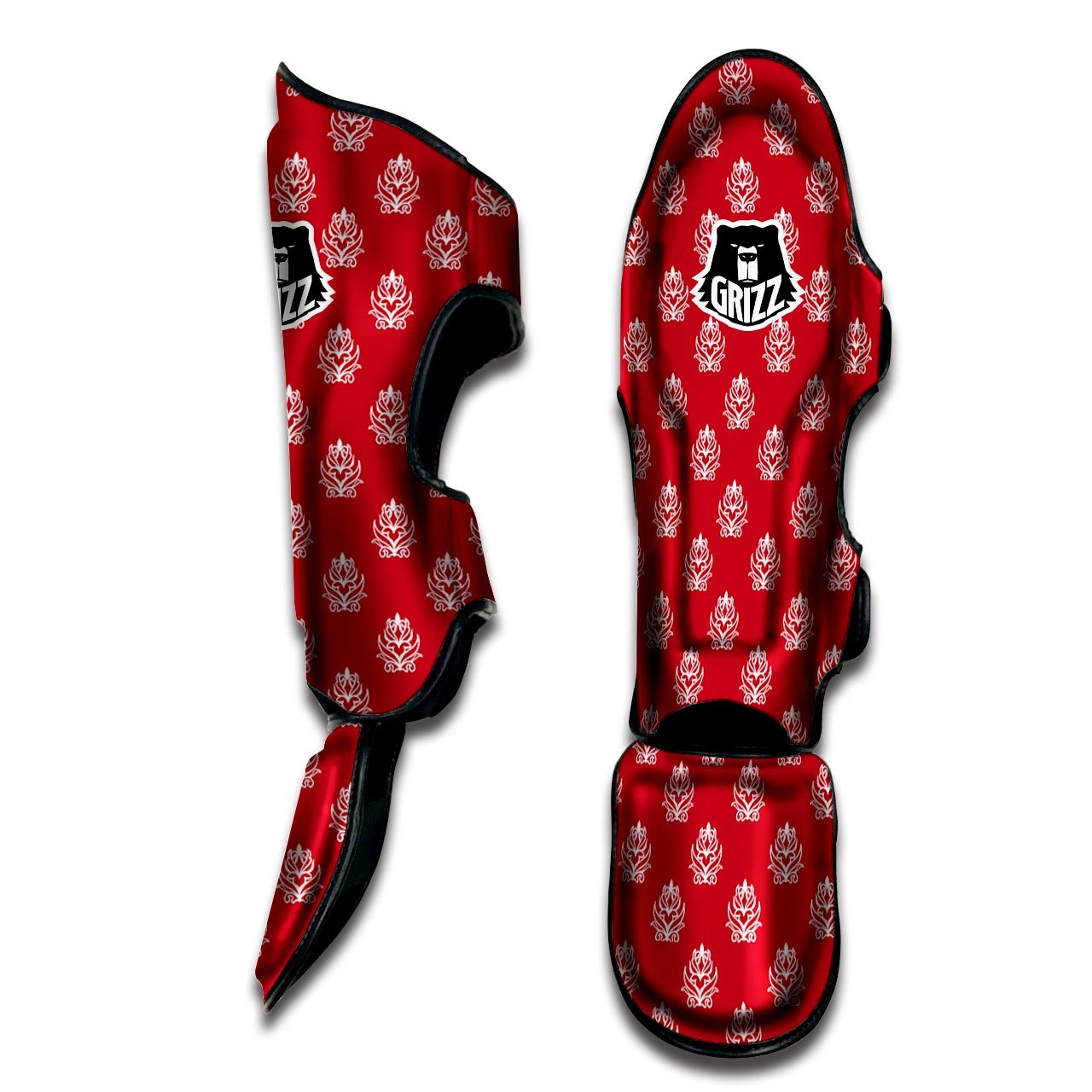 Damask White And Red Print Pattern Muay Thai Shin Guards-grizzshop