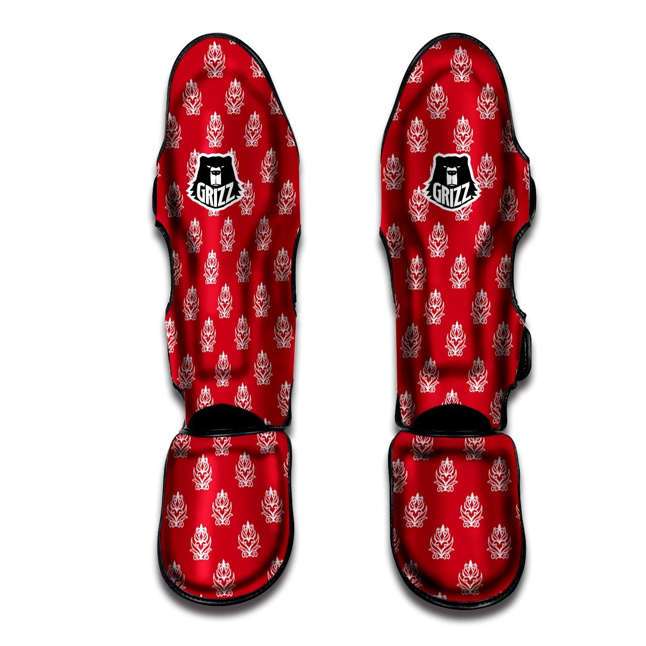 Damask White And Red Print Pattern Muay Thai Shin Guards-grizzshop