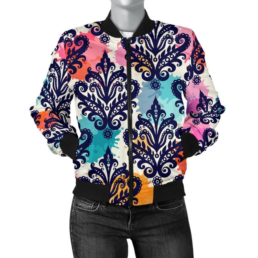 Damask Colorful Pattern Print Women Casual Bomber Jacket-grizzshop