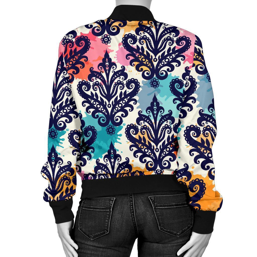 Damask Colorful Pattern Print Women Casual Bomber Jacket-grizzshop