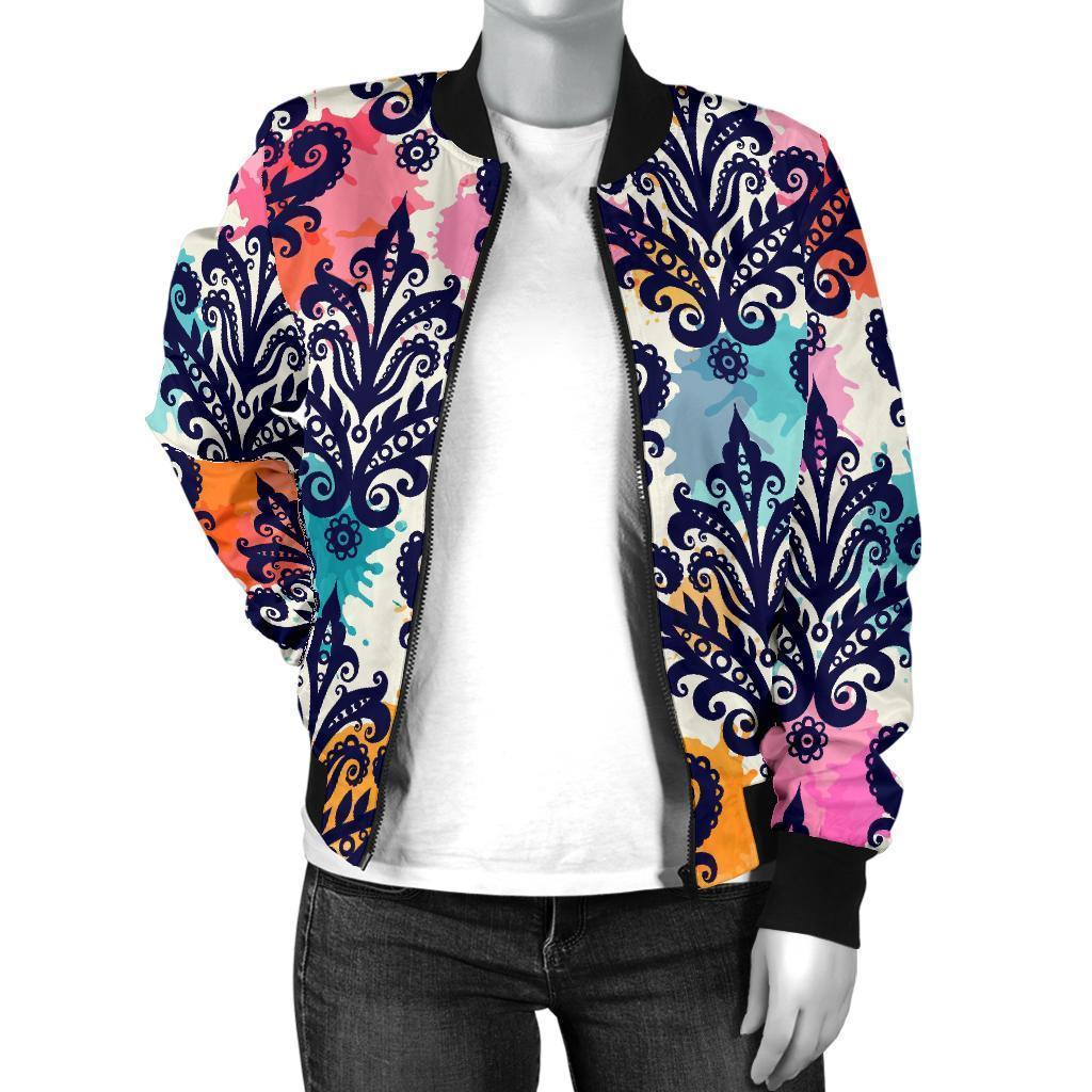 Damask Colorful Pattern Print Women Casual Bomber Jacket-grizzshop