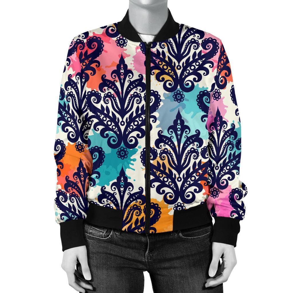 Damask Colorful Pattern Print Women Casual Bomber Jacket-grizzshop
